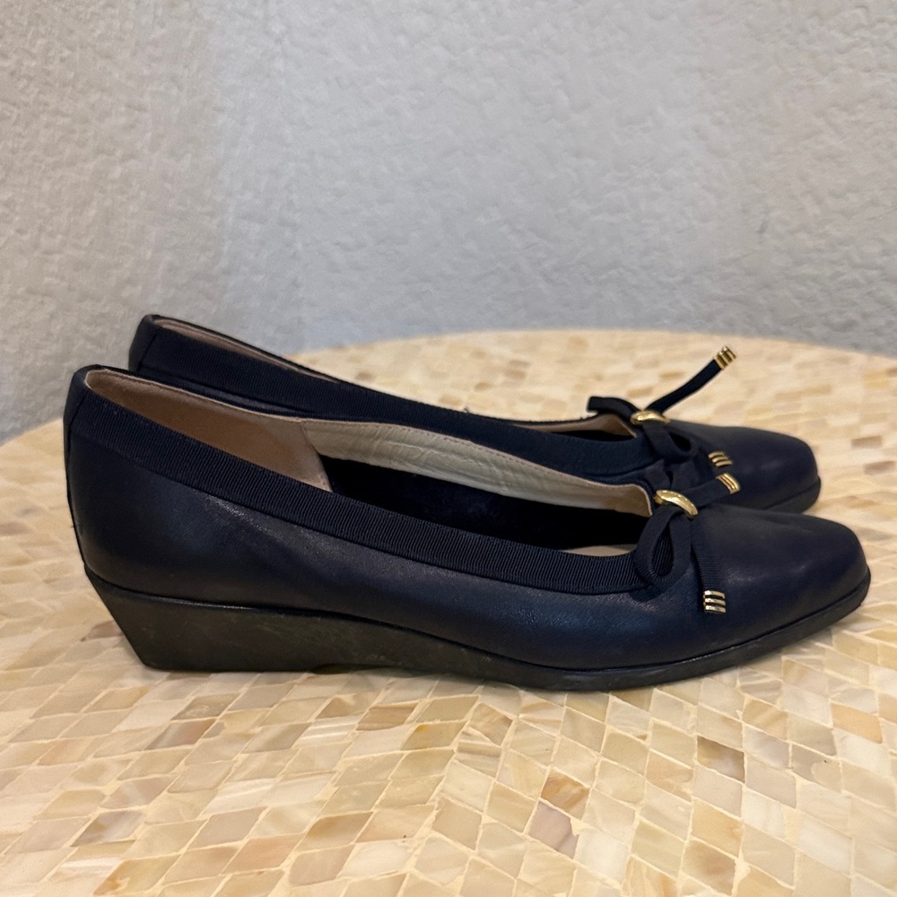 Bally Belle Navy Blue Leather Bow Elegant Wedge Loafers Italy Shoes 5 M